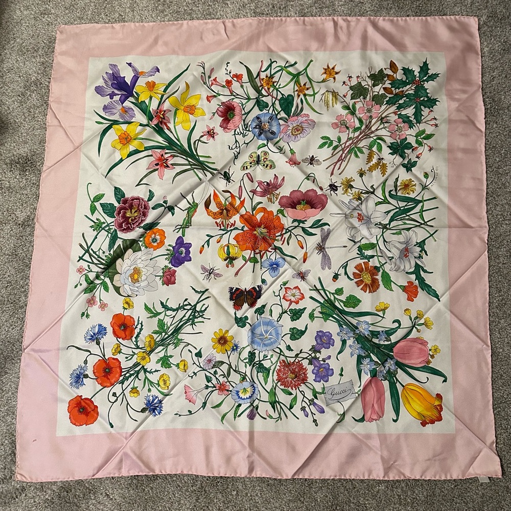 Gucci Floral Silk Scarf with Pink Border